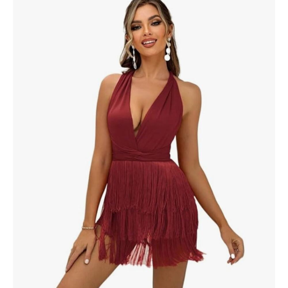 Deep V-Neck Cross Back Fringed Skirt Romper Jumpsuit Burgandy Size L